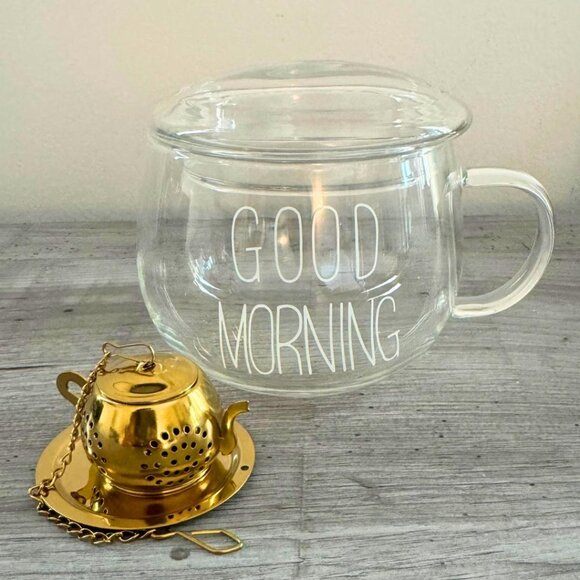 Set of 2 Glass Coffee, brekfast Mug With Handle and lid + tea strainer filter - Picture 2 of 5